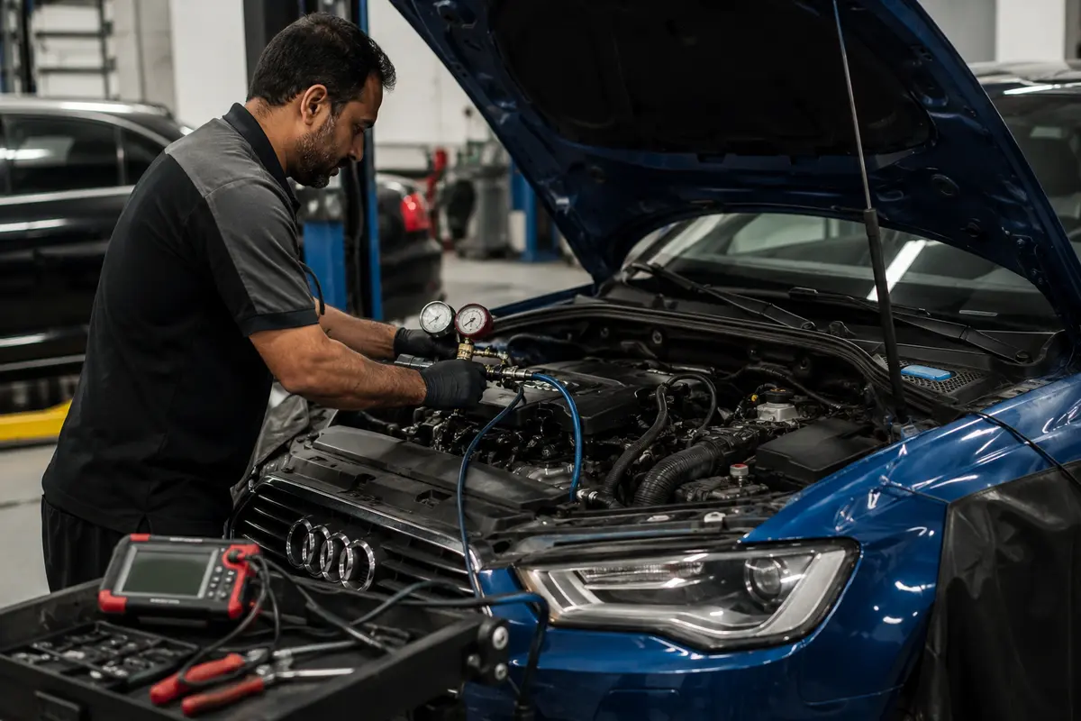 Technician carrying out a low-pressure fuel supply test on a blue Audi