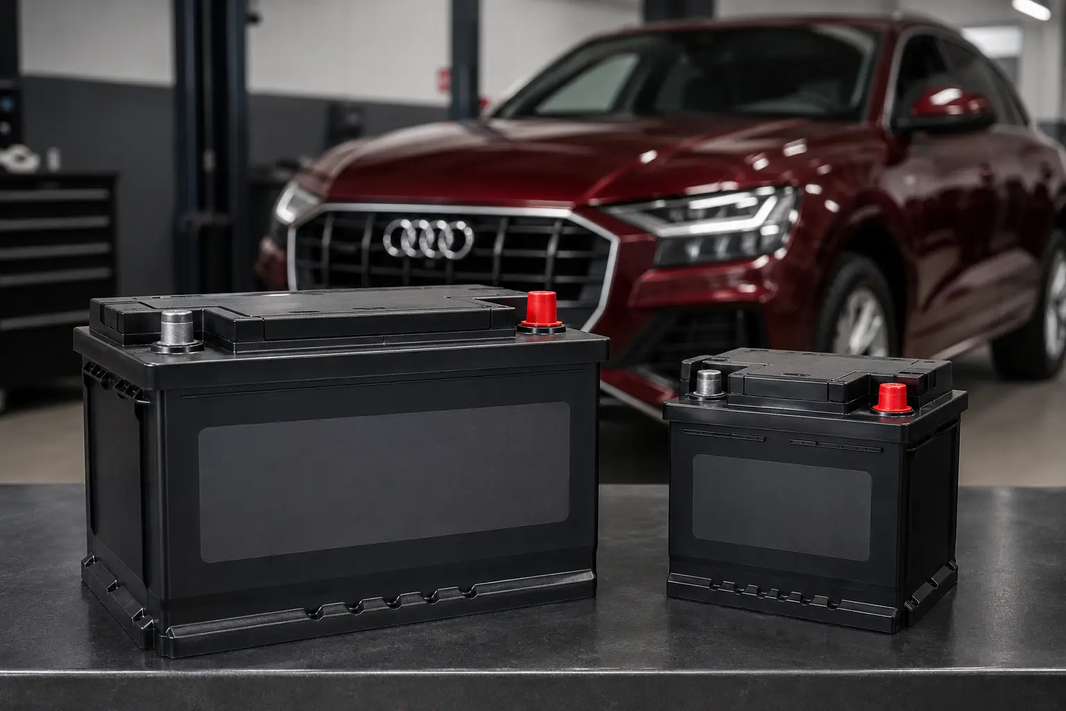 Main and auxiliary Audi-compatible 12-volt batteries compared by size and purpose