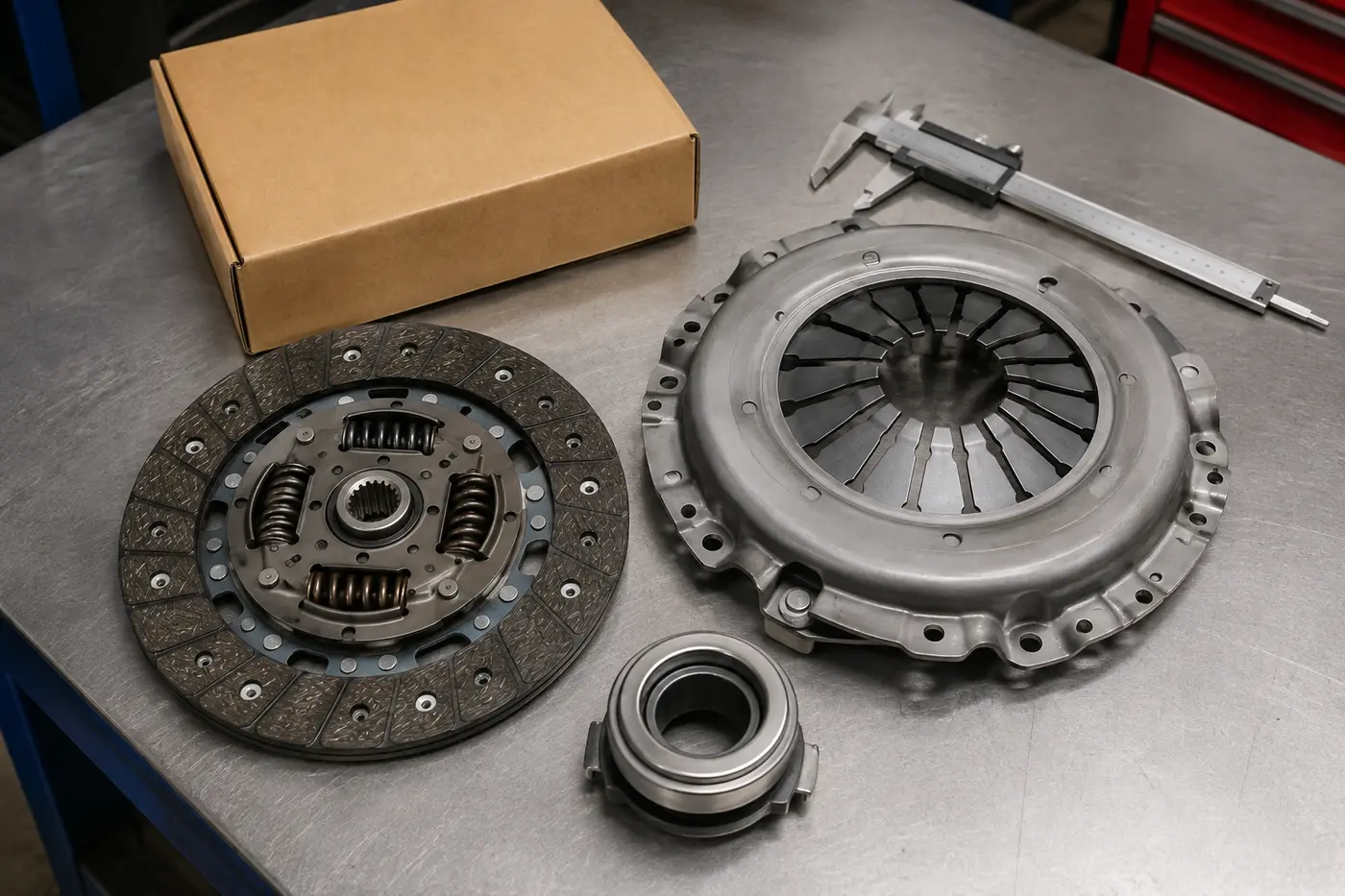 Manual clutch disc, pressure plate and release bearing laid out for inspection