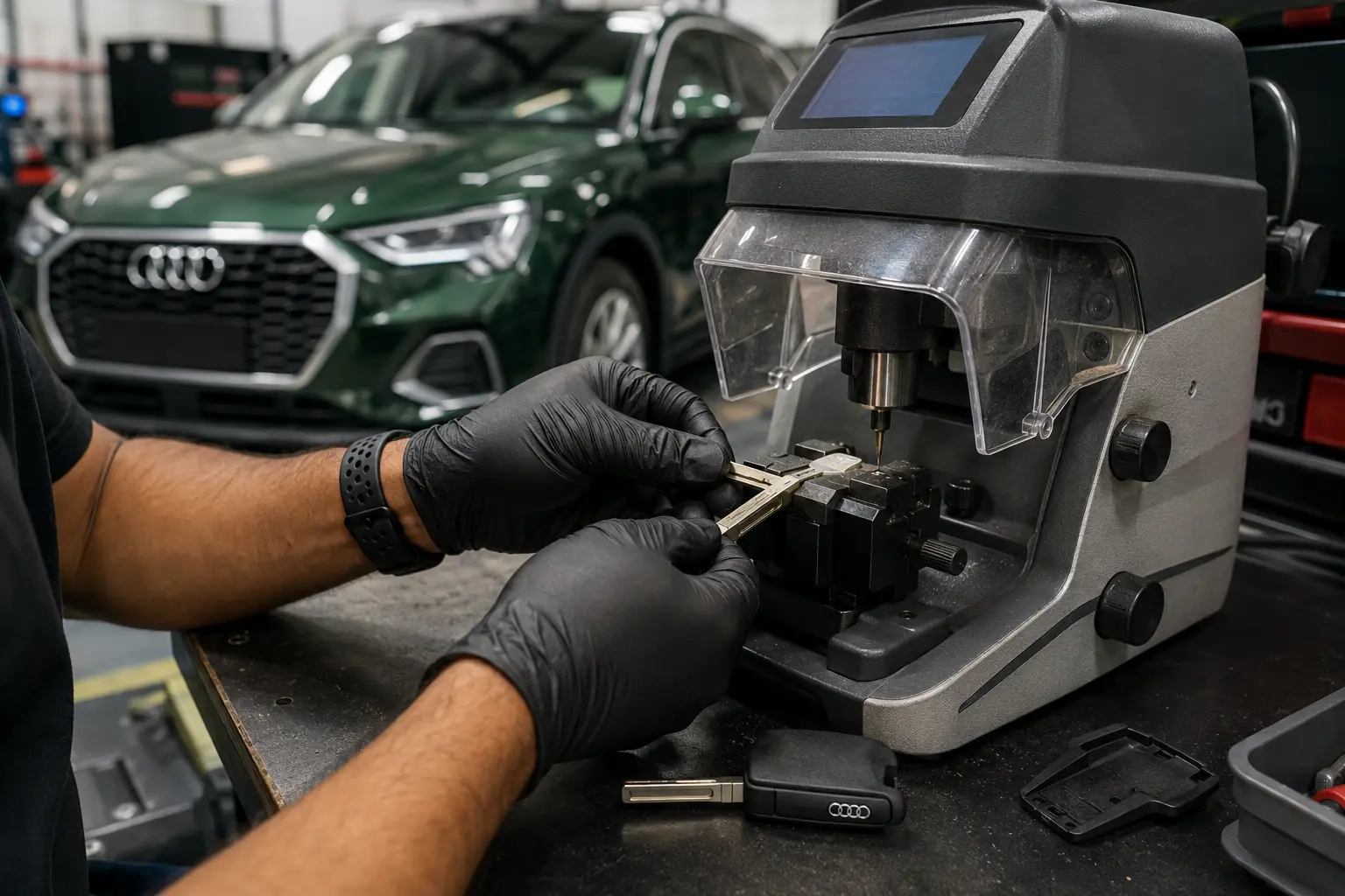 Mechanical Audi key blade being cut with key codes obscured
