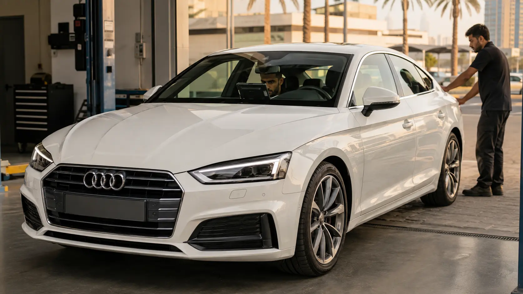 Technician preparing a white Audi A5 for post-repair adaptation testing