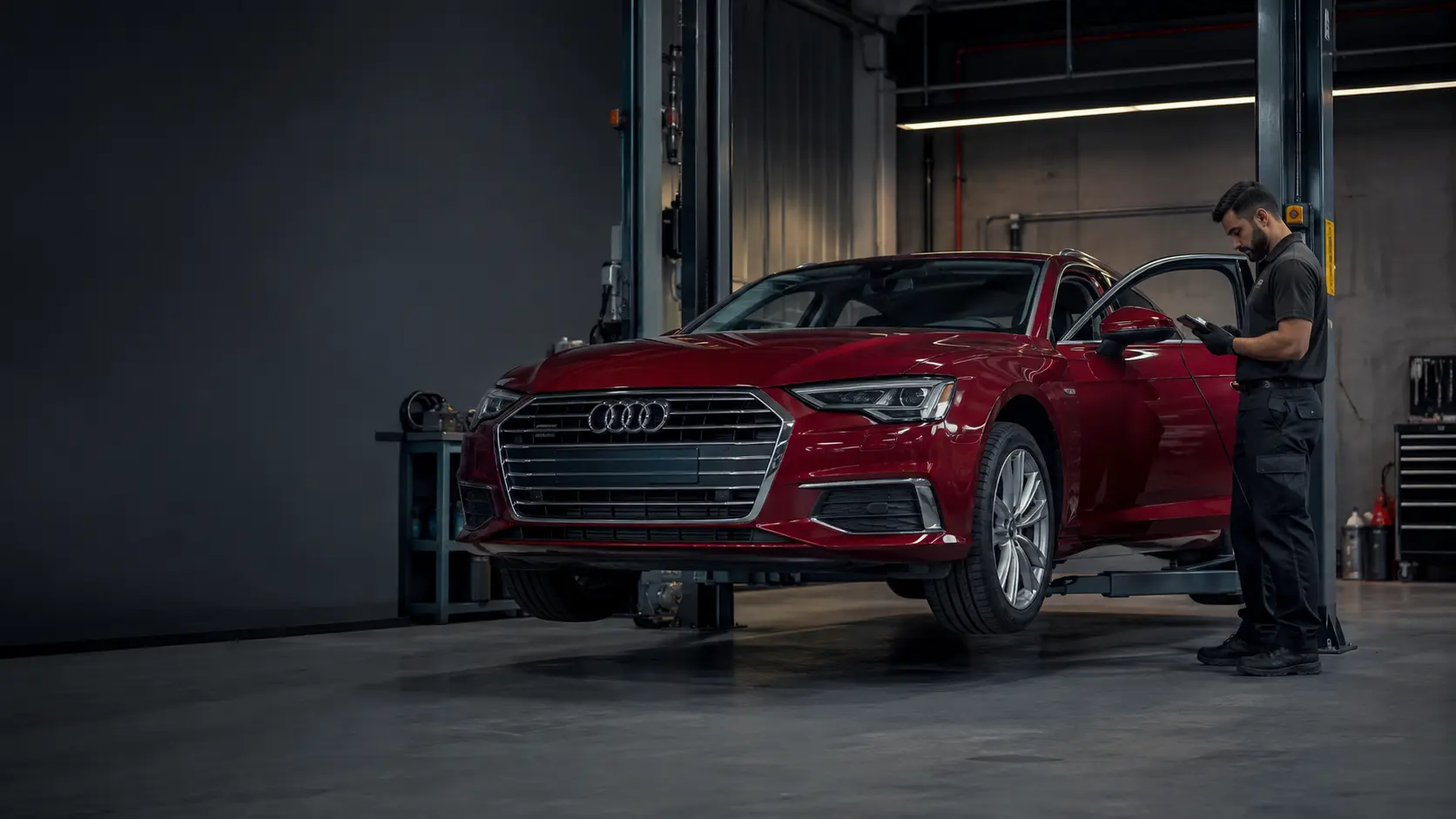 Technician diagnosing an Audi S tronic mechatronic system in a Dubai workshop