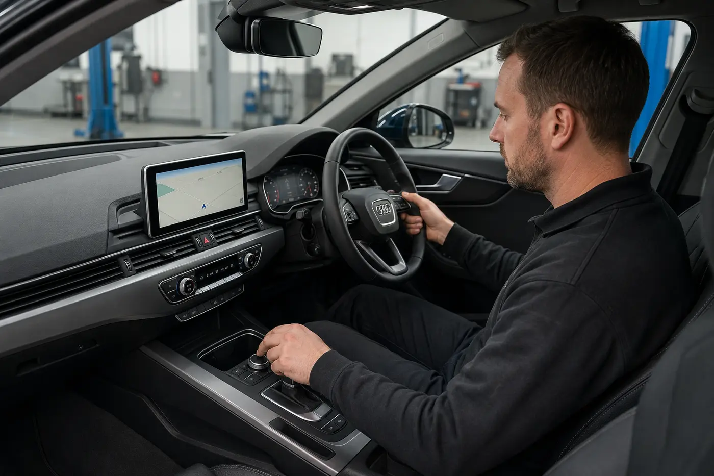 Technician checking Audi MMI display navigation and controls before handover