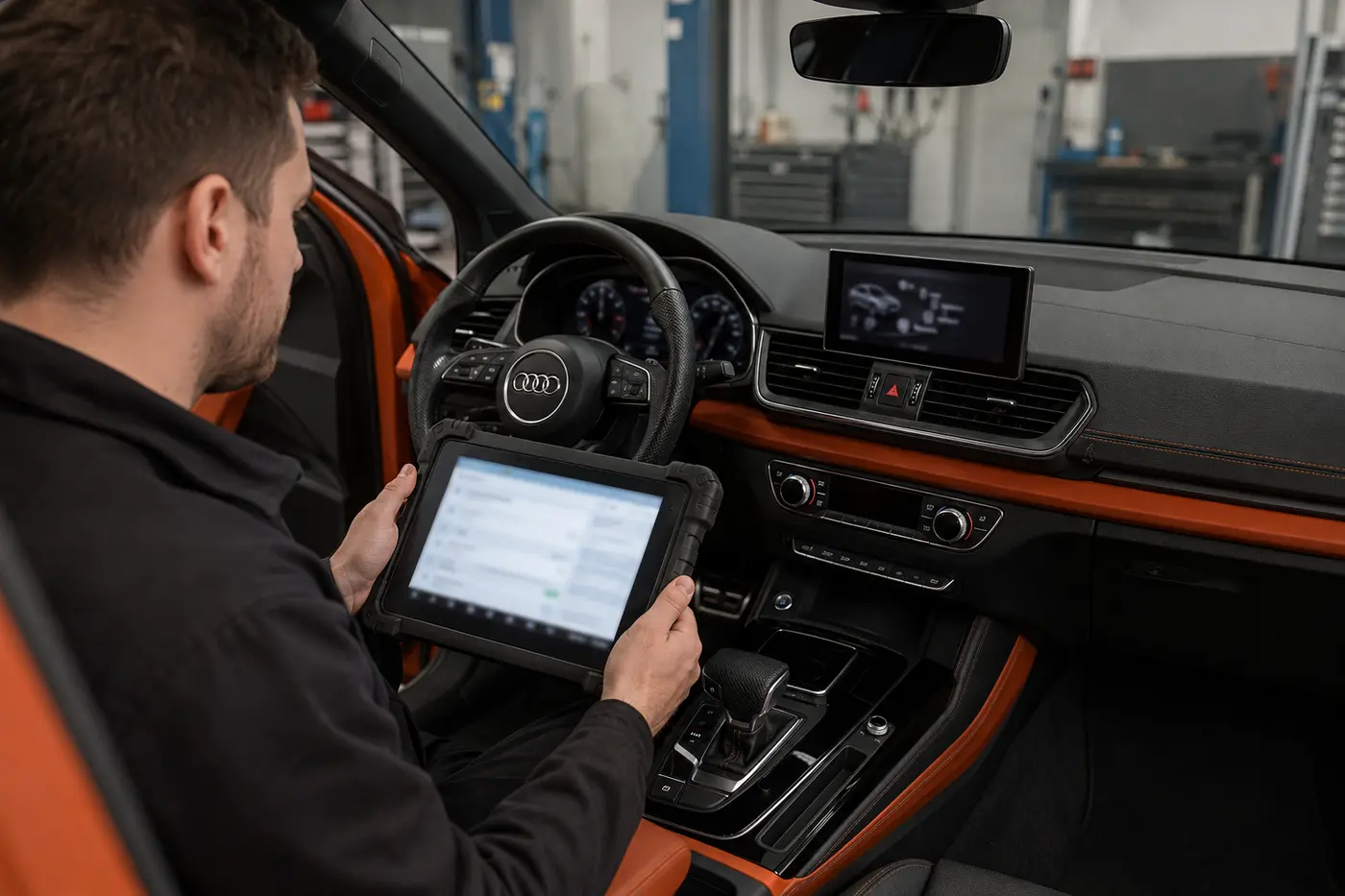Technician reviewing Audi infotainment module communication with private data obscured