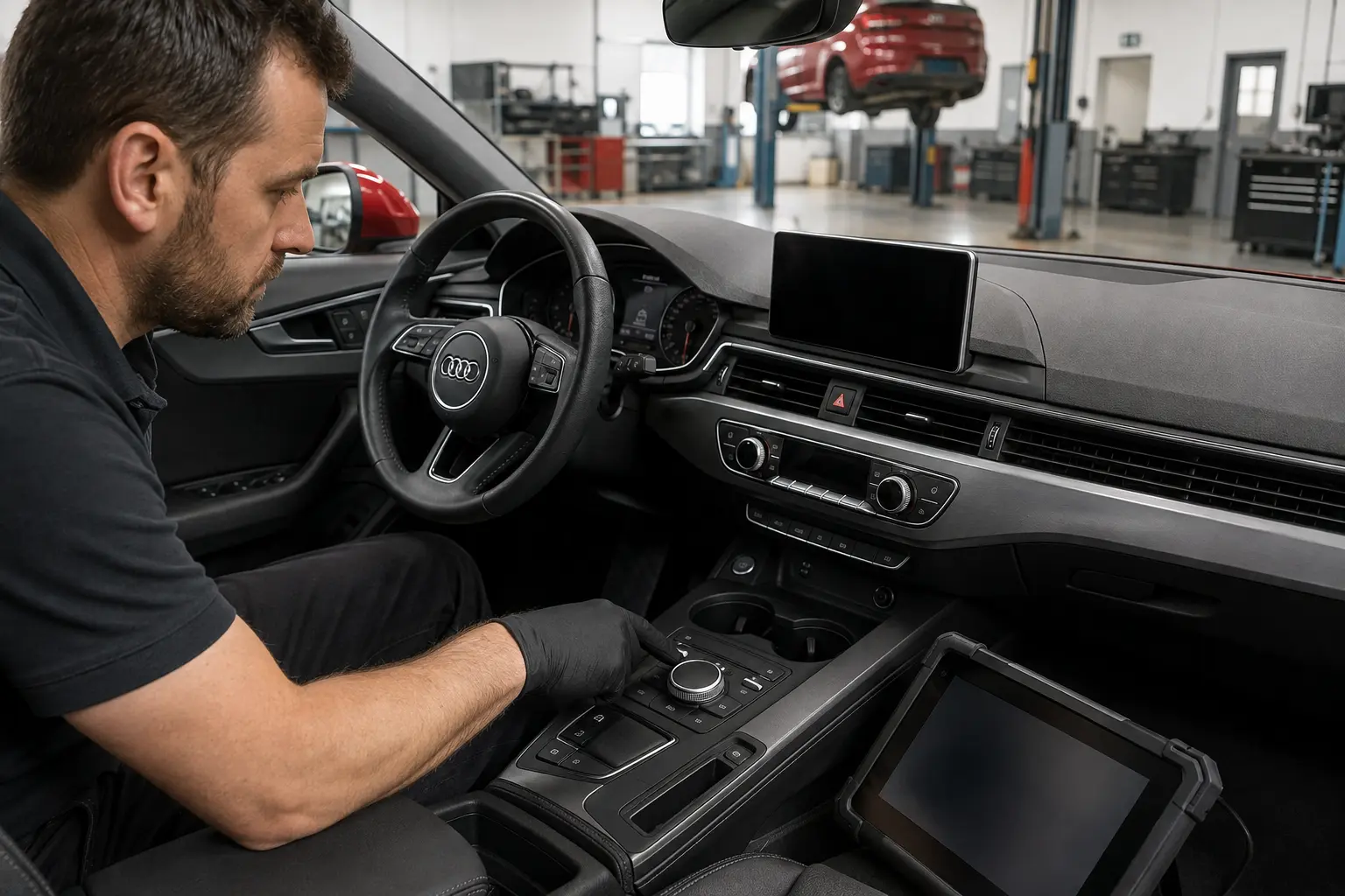 Technician identifying an Audi MMI centre display and controls before diagnosis