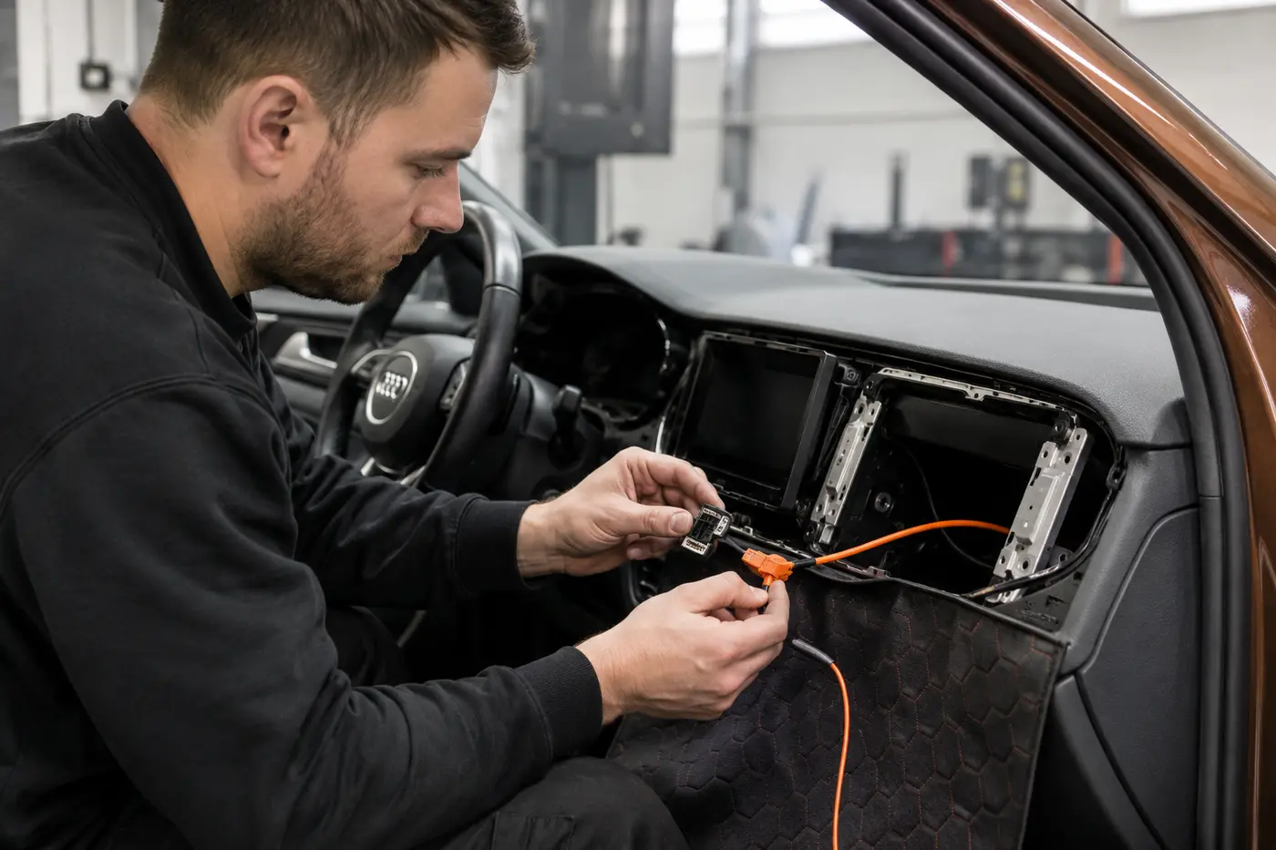 Technician inspecting an Audi infotainment display connector and fibre signal path