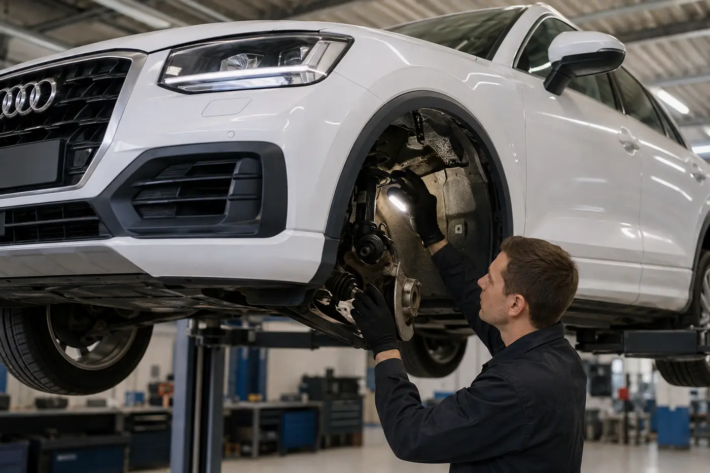 Technician checking an Audi engine mount and drive axle for clutch-like symptoms