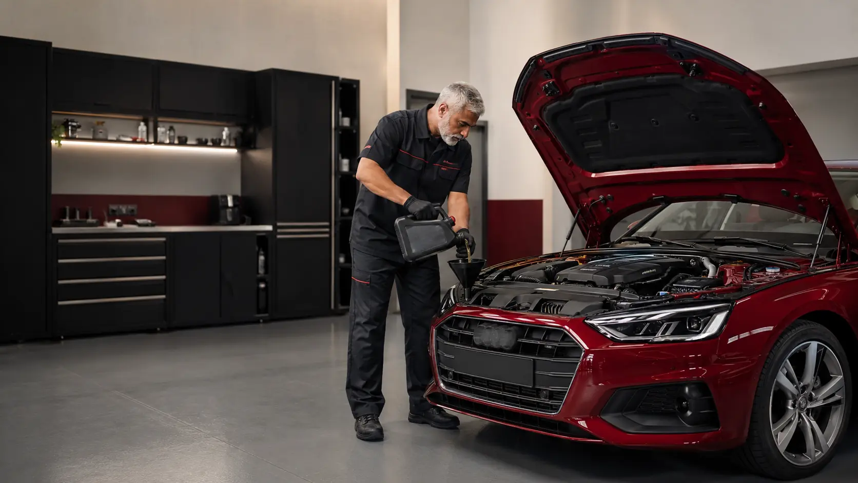 Technician carrying out an Audi engine oil service in a specialist workshop