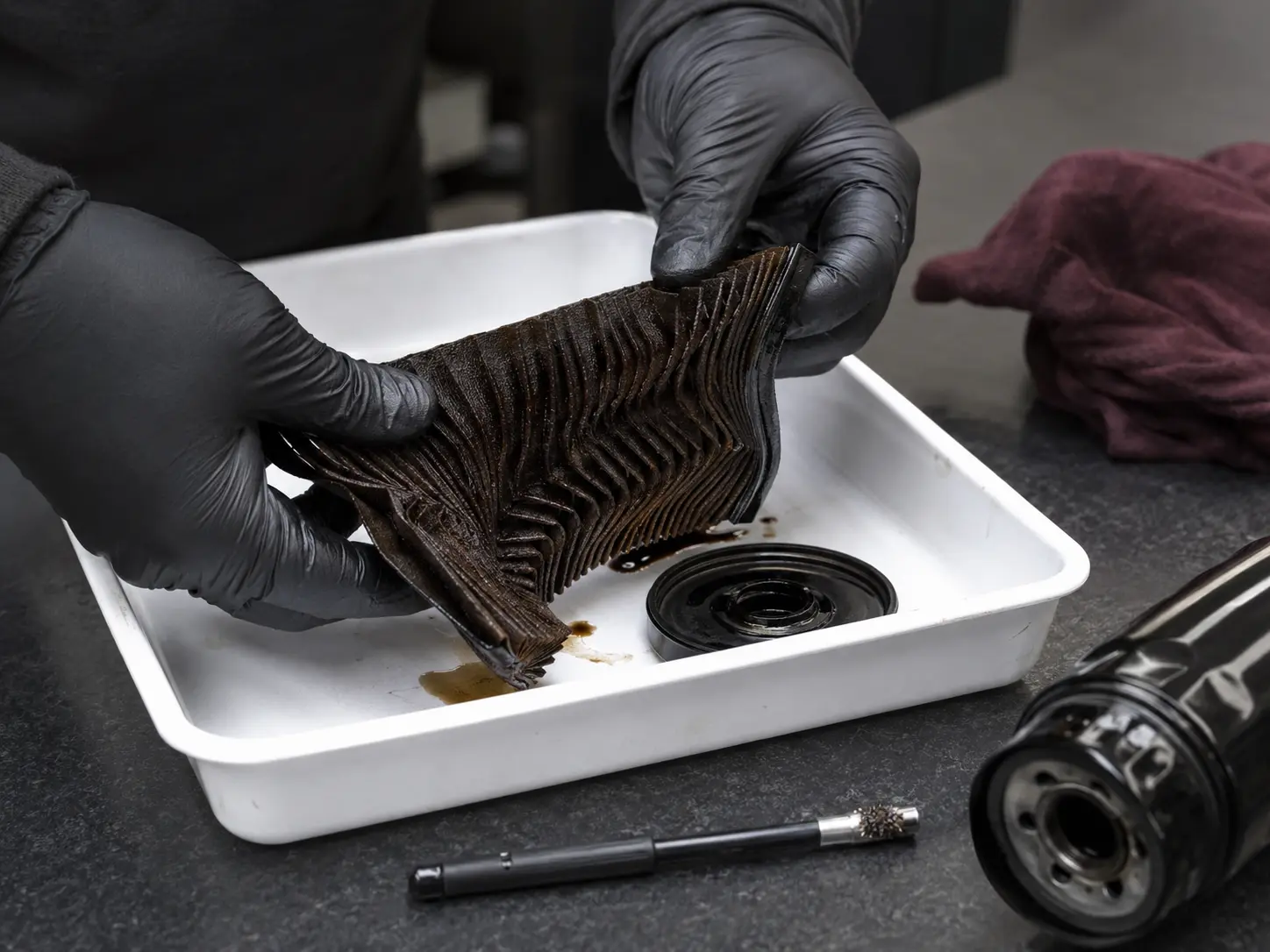 Technician inspecting used oil-filter media for timing-system debris evidence
