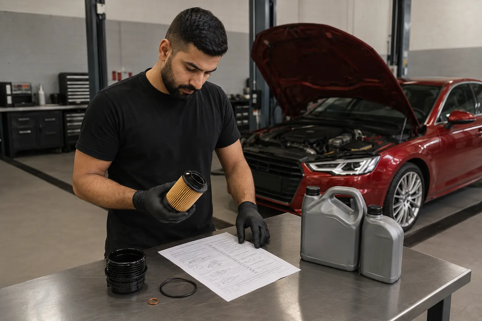 Technician verifying an Audi oil filter and service specification before installation