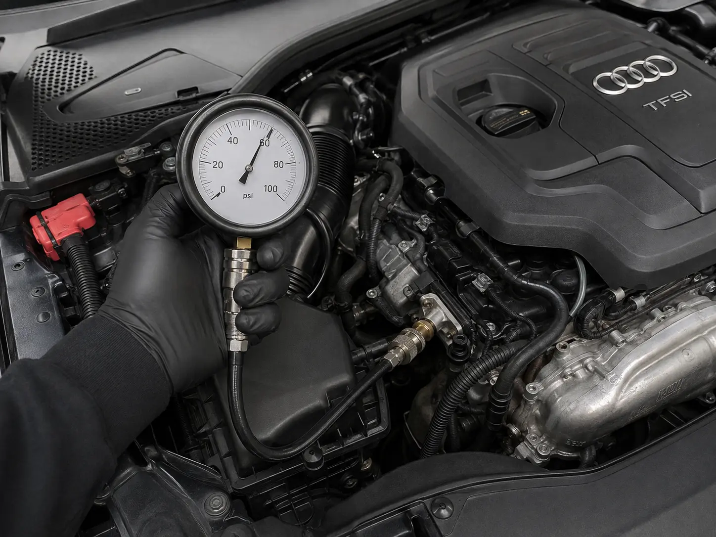 Audi engine oil pressure being confirmed with a mechanical gauge