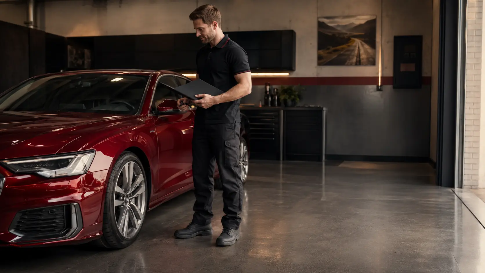 Technician preparing an Audi oil service summary beside the completed vehicle