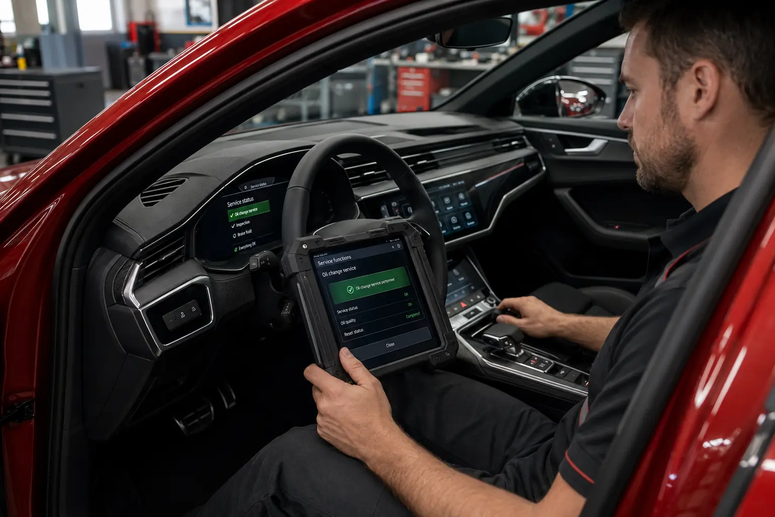 Technician verifying an Audi oil service reset on the vehicle display and workshop tablet