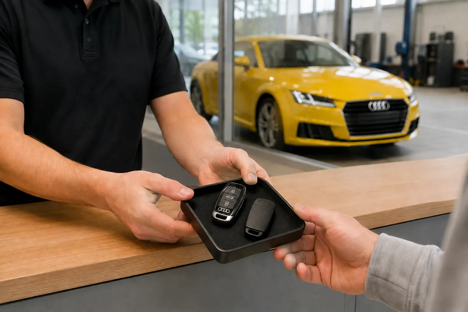Original Audi key and unbranded compatible spare presented at handover