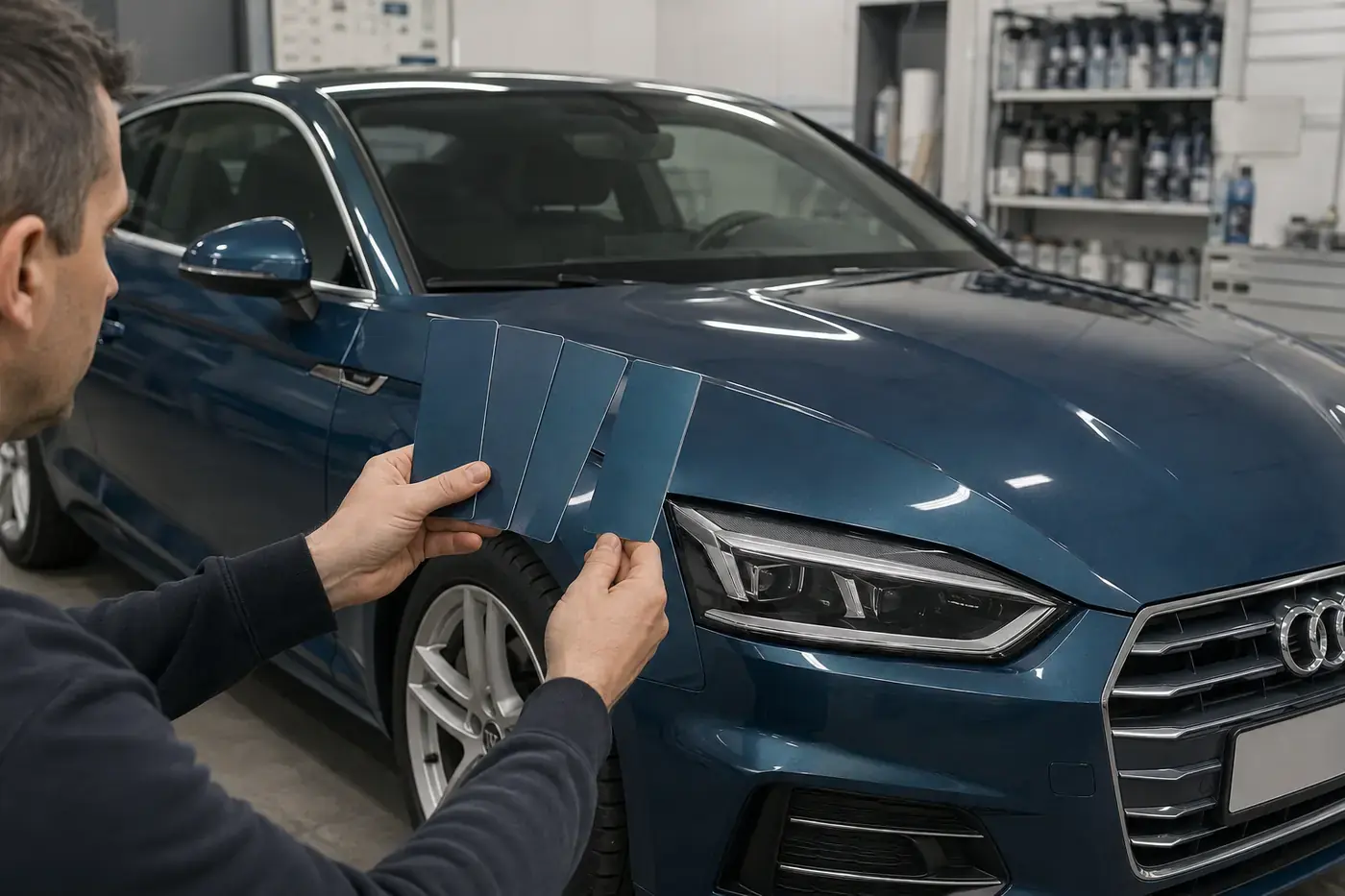 Technician comparing metallic spray-out samples against a blue Audi panel