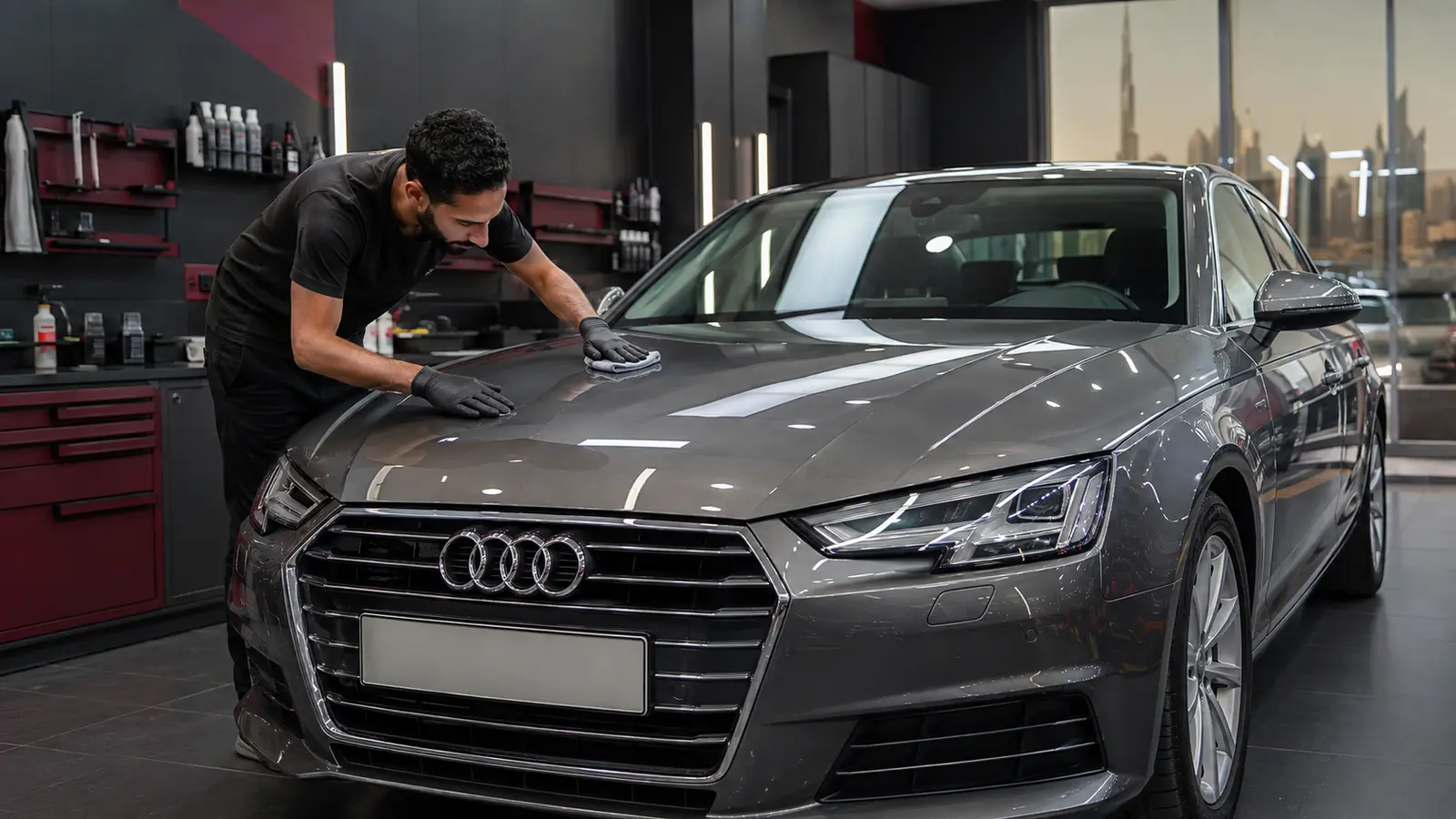 Technician inspecting Audi paint condition under workshop lighting