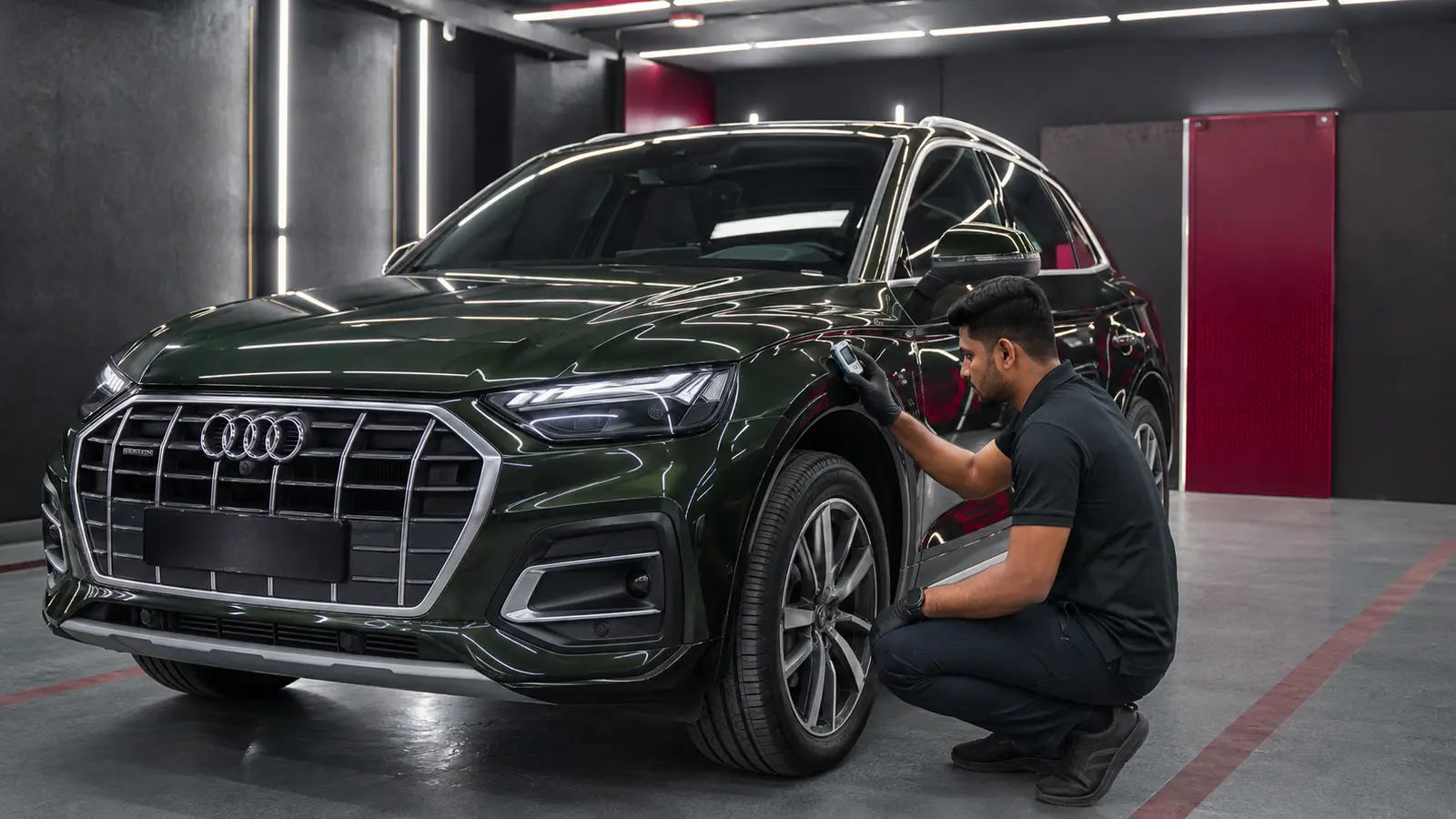 Technician decontaminating Audi paint before protection