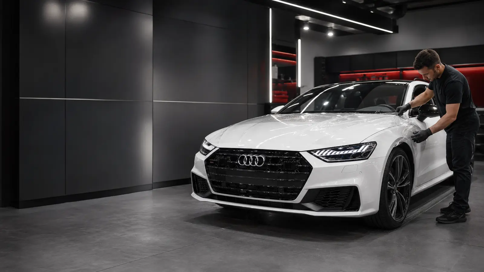 Technician preparing a white Audi for paint protection in a Dubai workshop