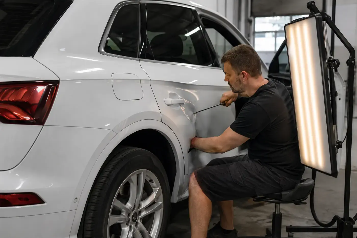 Technician assessing an intact-painted dent with paintless dent repair lighting