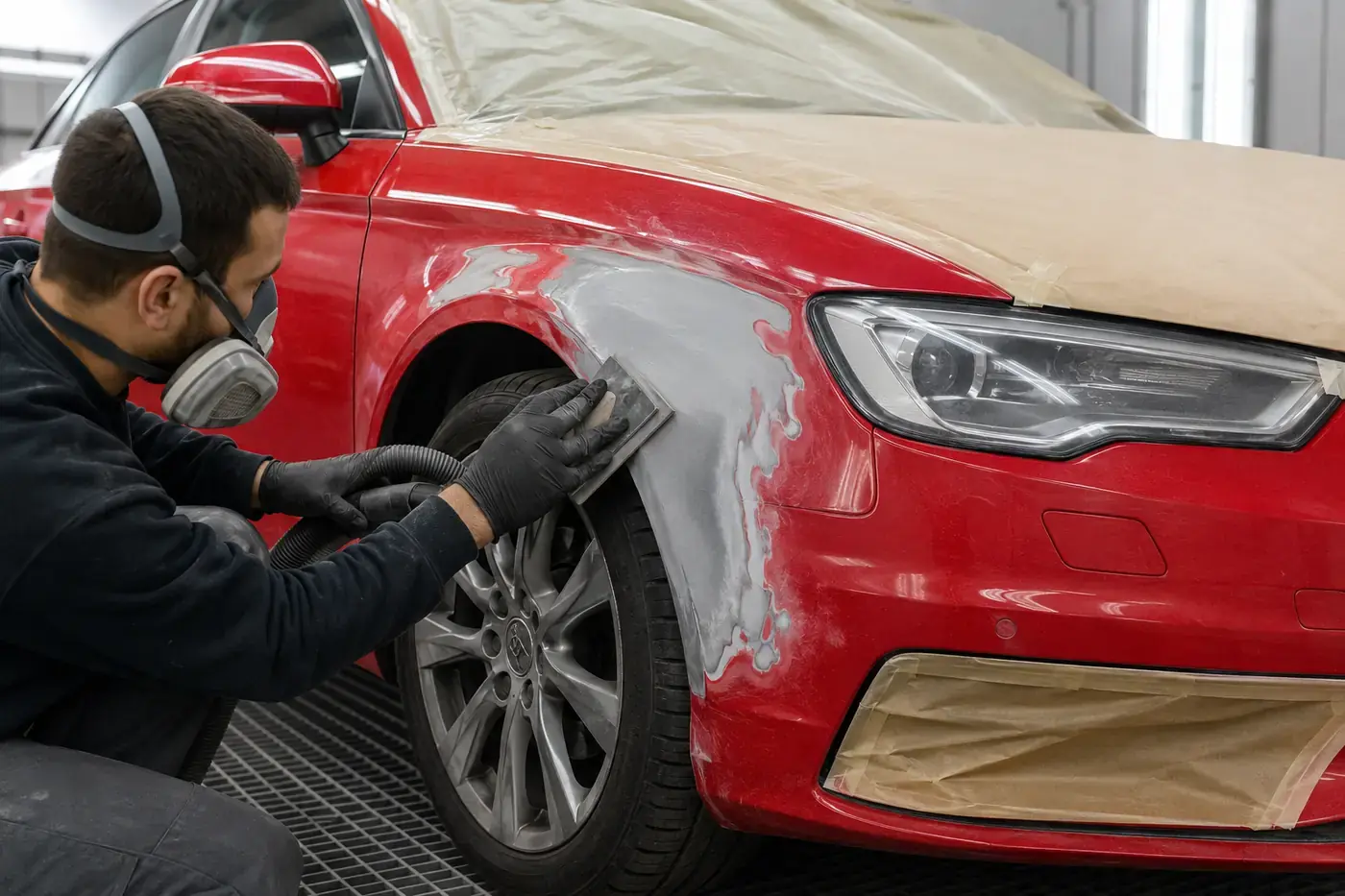 Technician preparing a bounded repair area on a red Audi front fender