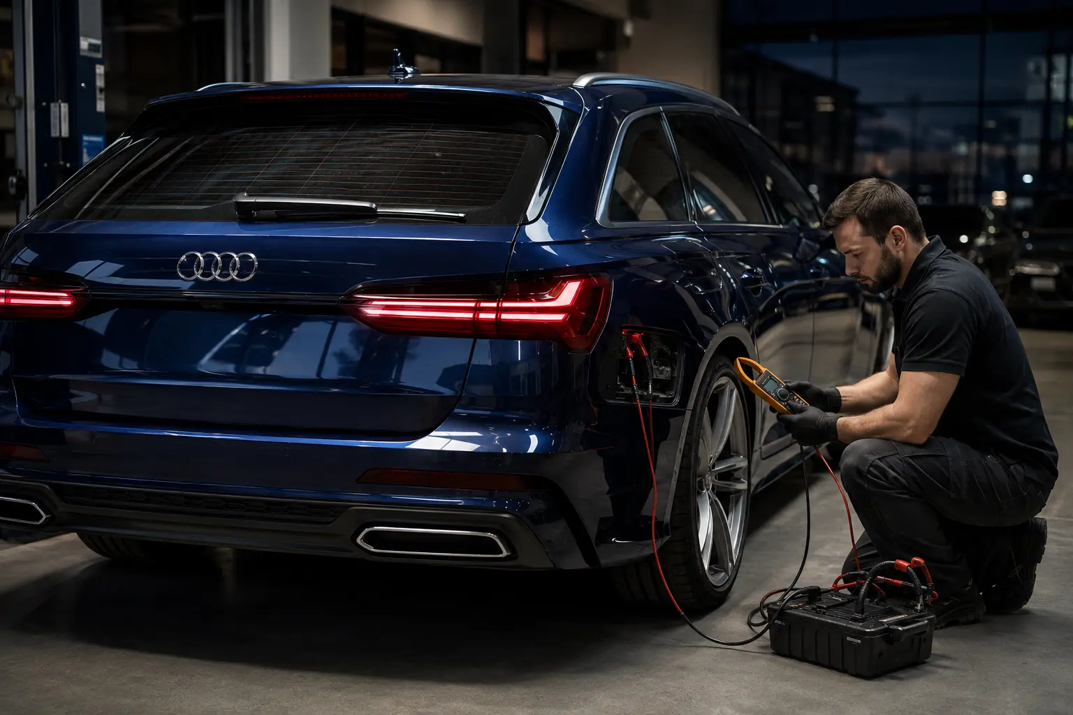 Technician monitoring parasitic battery drain after an Audi enters sleep mode