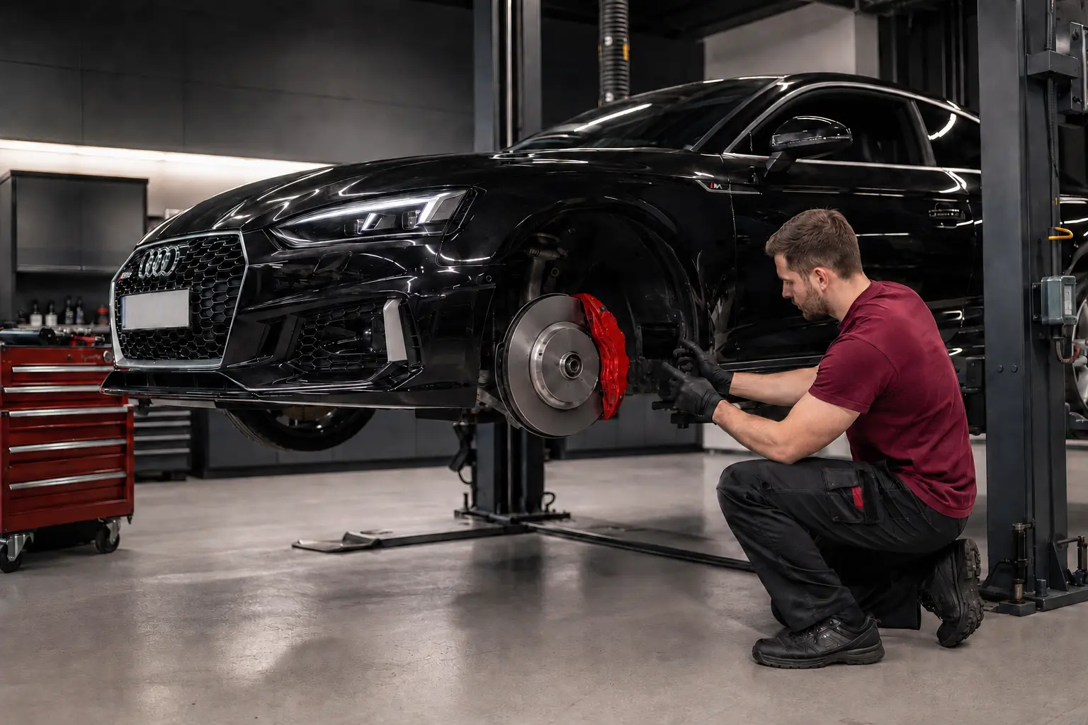 Technician inspecting the front brake package on a performance Audi