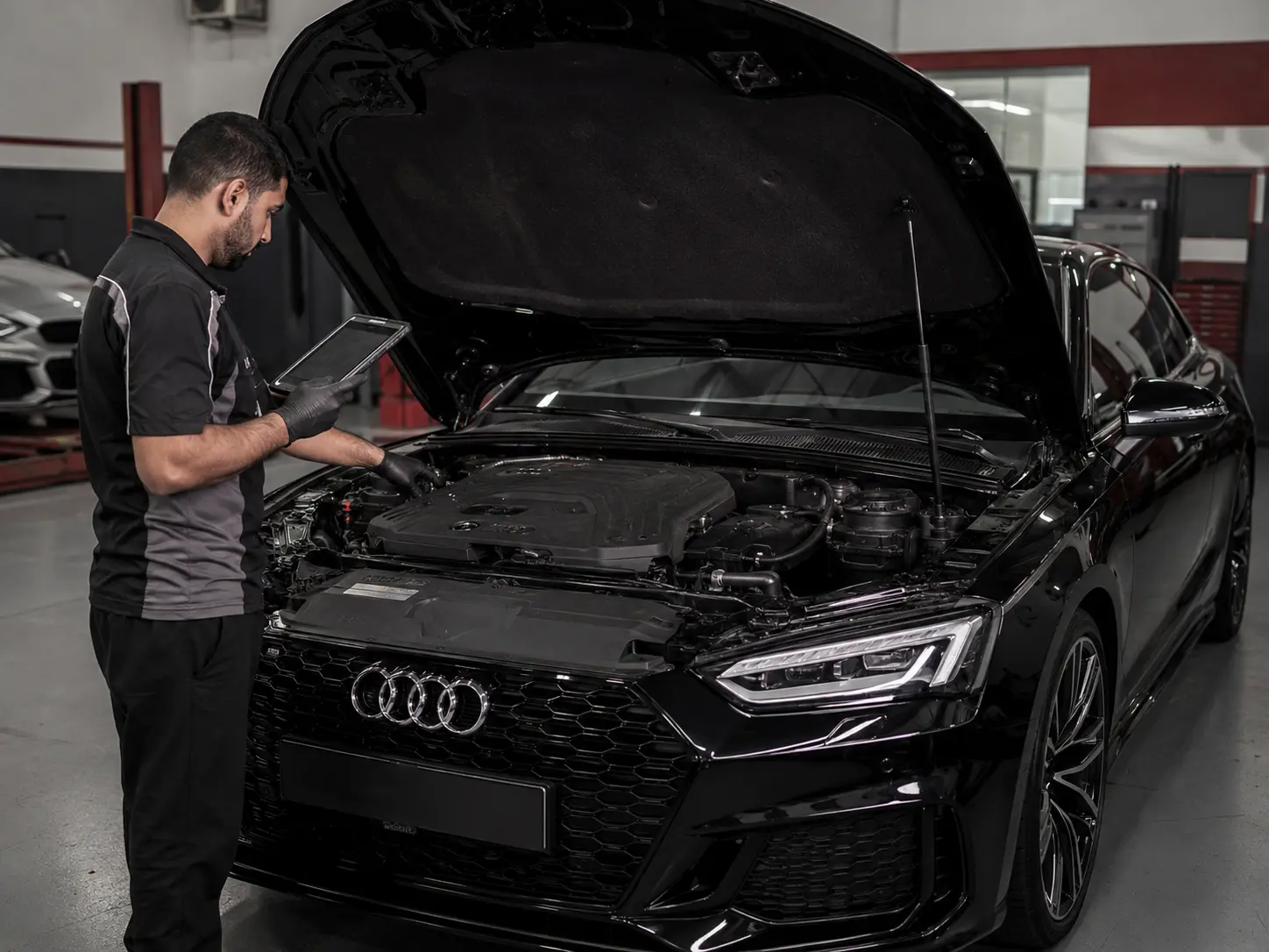 Technician completing post-repair scan and engine-bay verification on a black Audi