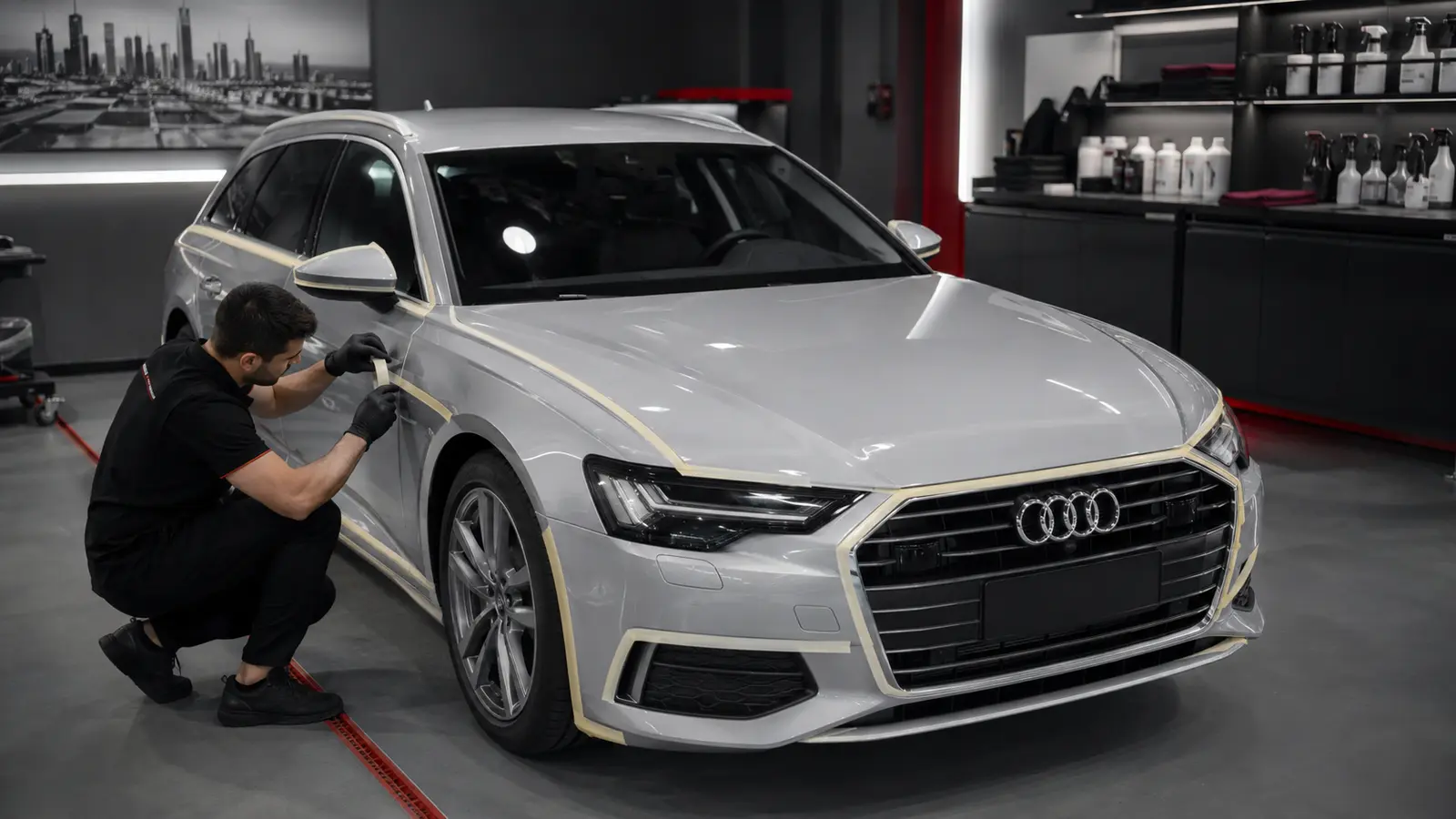 Technician planning PPF coverage zones on an Audi