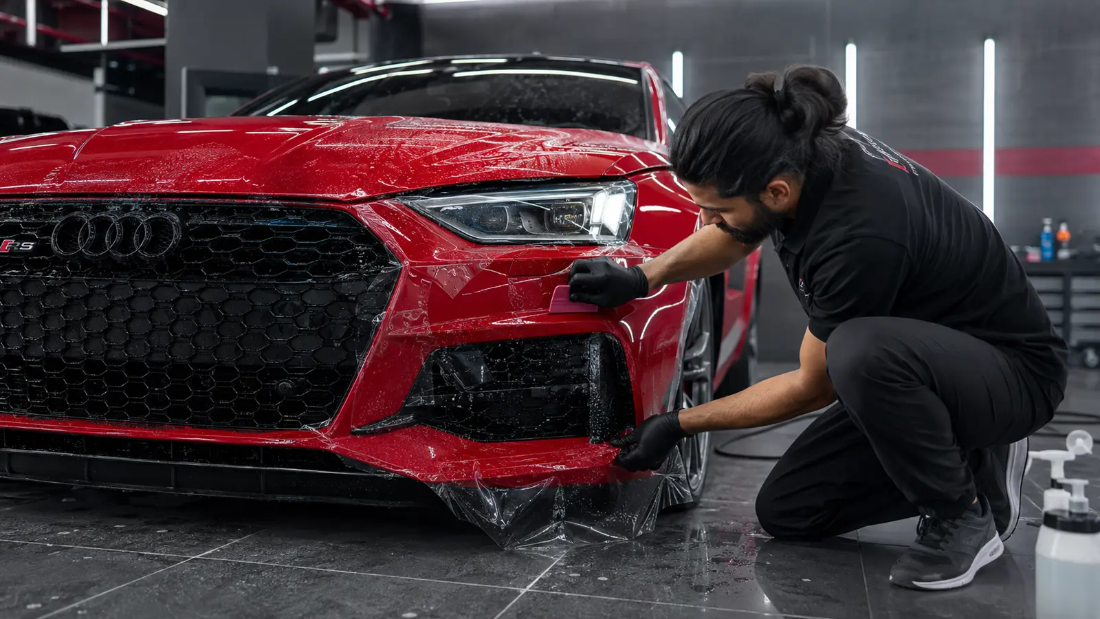 Technician installing transparent paint protection film on an Audi bumper