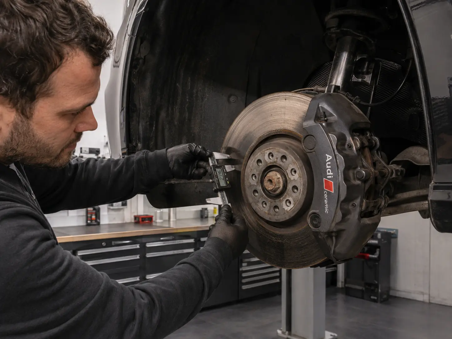 Technician measuring an Audi brake disc during inspection