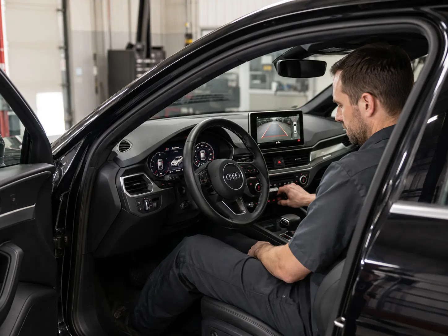 Technician checking dashboard, camera and climate systems in a stationary Audi