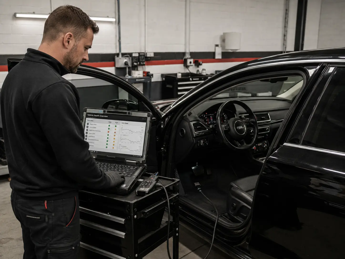 Active diagnostic laptop connected to an Audi during inspection