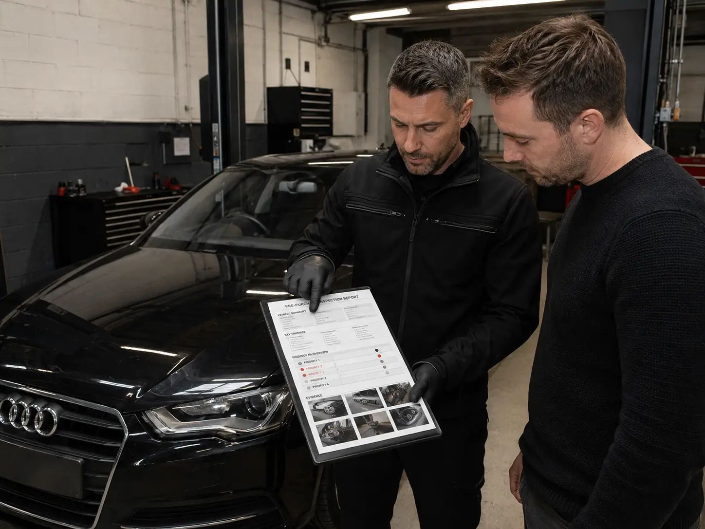 Technician and buyer reviewing an Audi inspection report beside the car