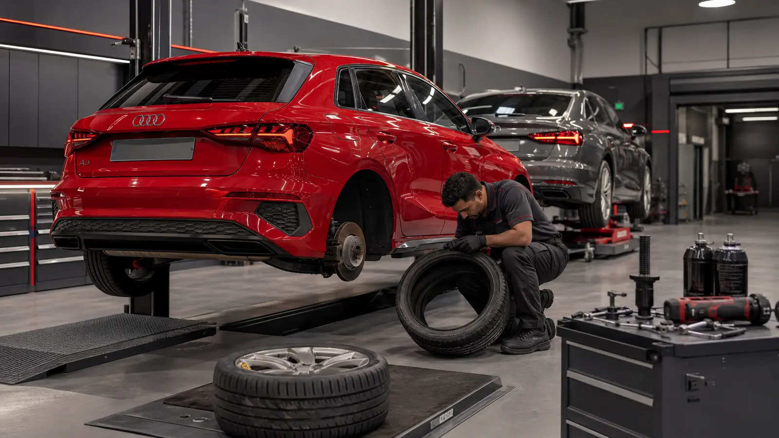 Technician assessing an Audi tyre puncture from inside the tyre