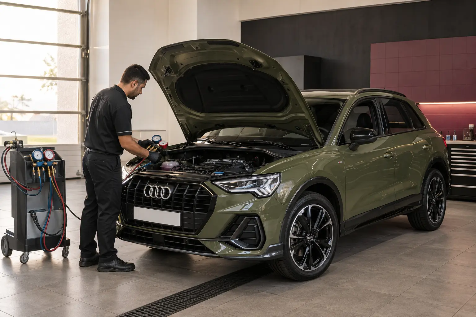 Olive Audi Q3 with four-ring grille emblem during cooling and air-conditioning inspection