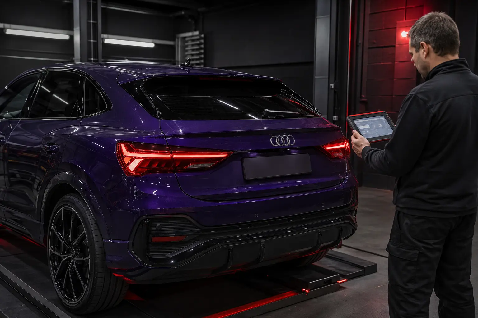 Violet Audi Q3 Sportback with four-ring tailgate emblem during electrical and parking sensor diagnostics