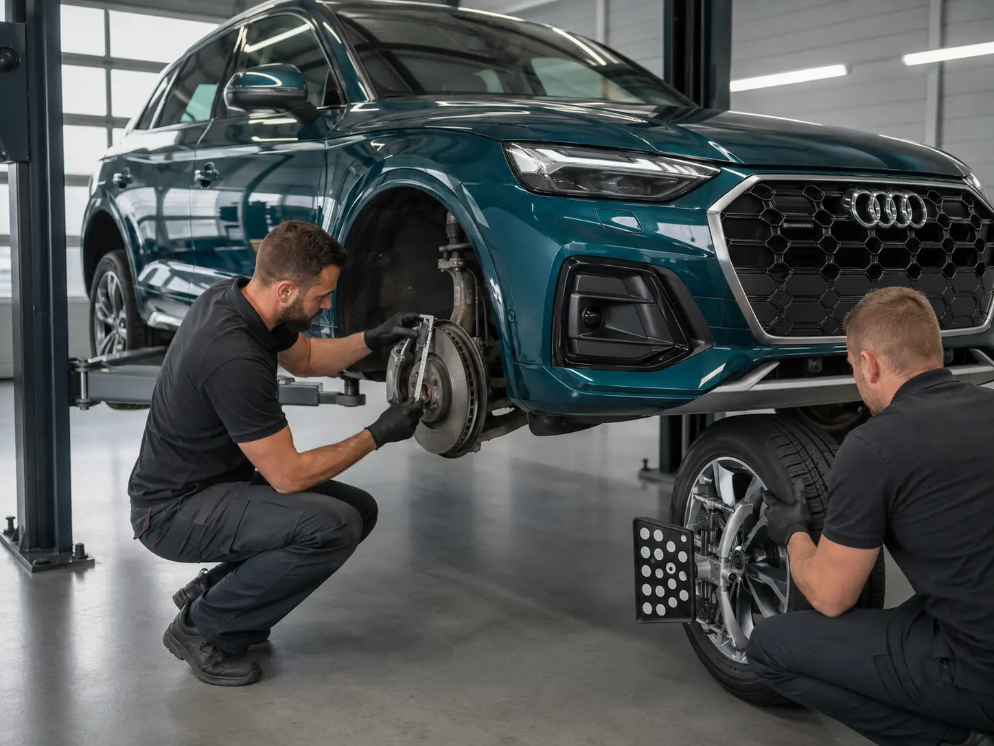 Teal Audi Q5 with factory four-ring emblem undergoing brake tyre and wheel-alignment inspection