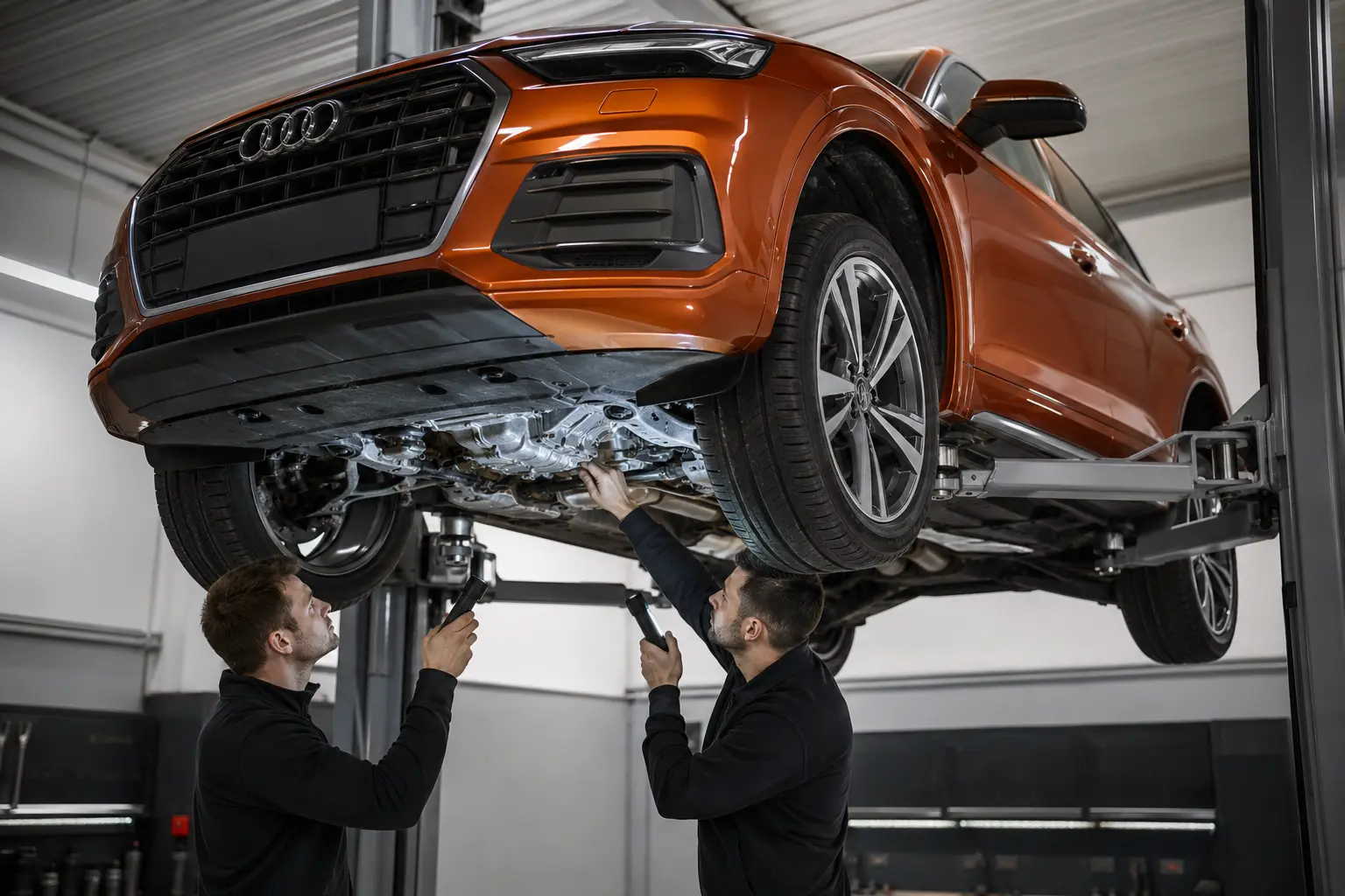Copper Audi Q5 with factory four-ring emblem raised for gearbox and quattro underbody inspection