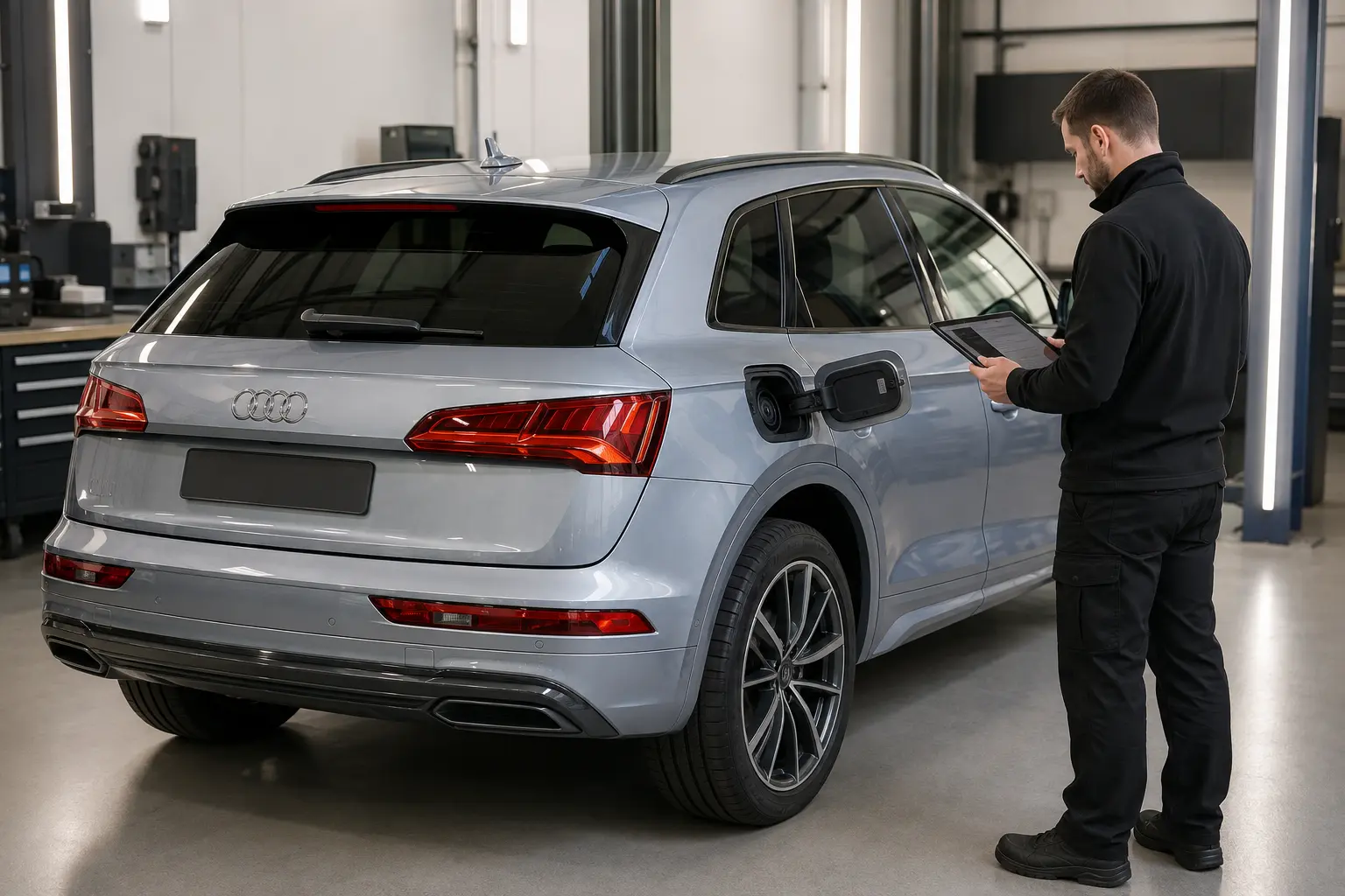 Pale silver-blue Audi Q5 plug-in hybrid with visible factory four-ring emblem and open charging flap