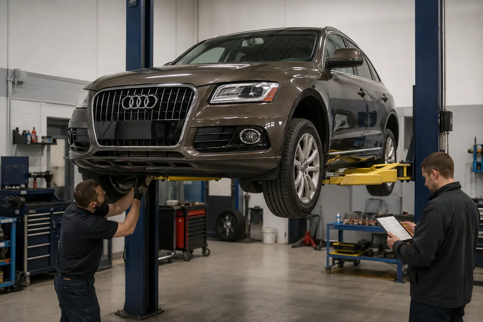 Bronze Audi Q5 with factory four-ring emblem undergoing a pre-purchase inspection on a workshop lift