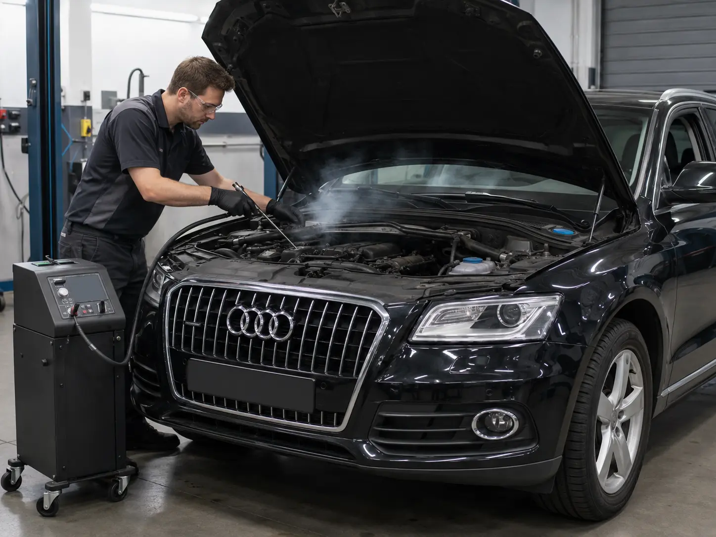 Black Audi Q5 with factory four-ring emblem undergoing a controlled smoke test for a boost leak