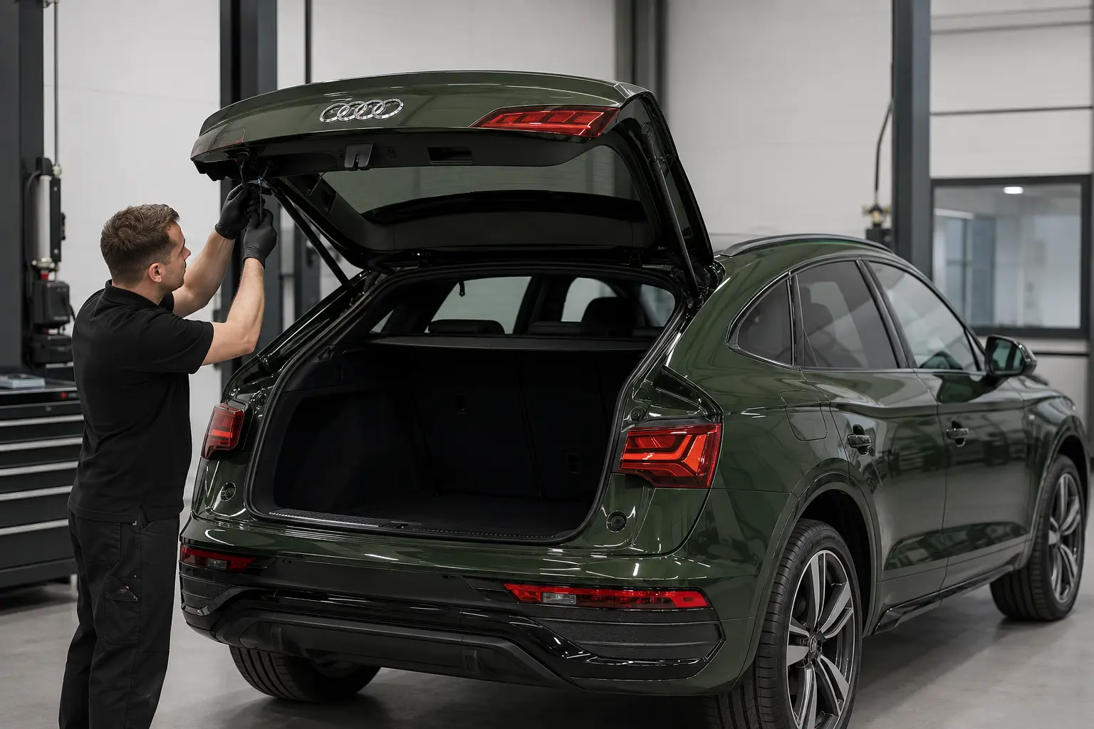 Forest green Audi Q5 Sportback with factory four-ring emblem and open tailgate for rear-body inspection