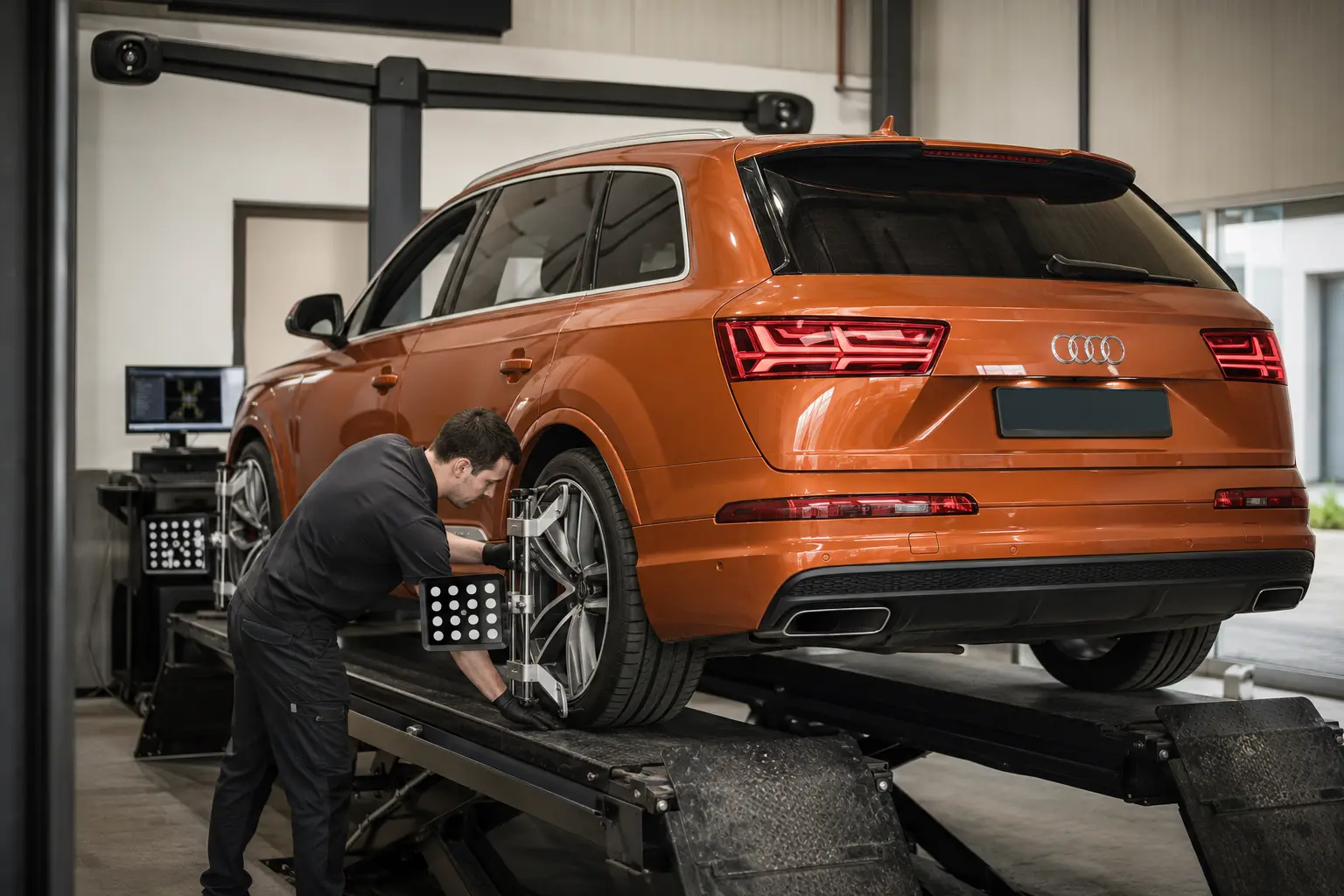 Burnt-orange Audi Q7 with factory four-ring emblem receiving rear-steering and four-wheel-alignment checks