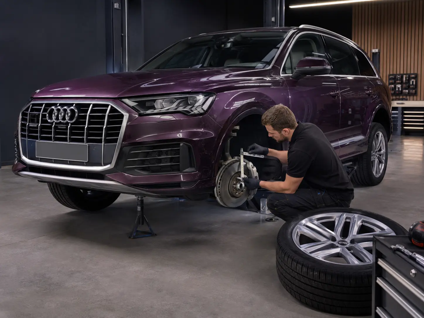 Plum Audi Q7 with factory four-ring emblem undergoing front brake-disc measurement