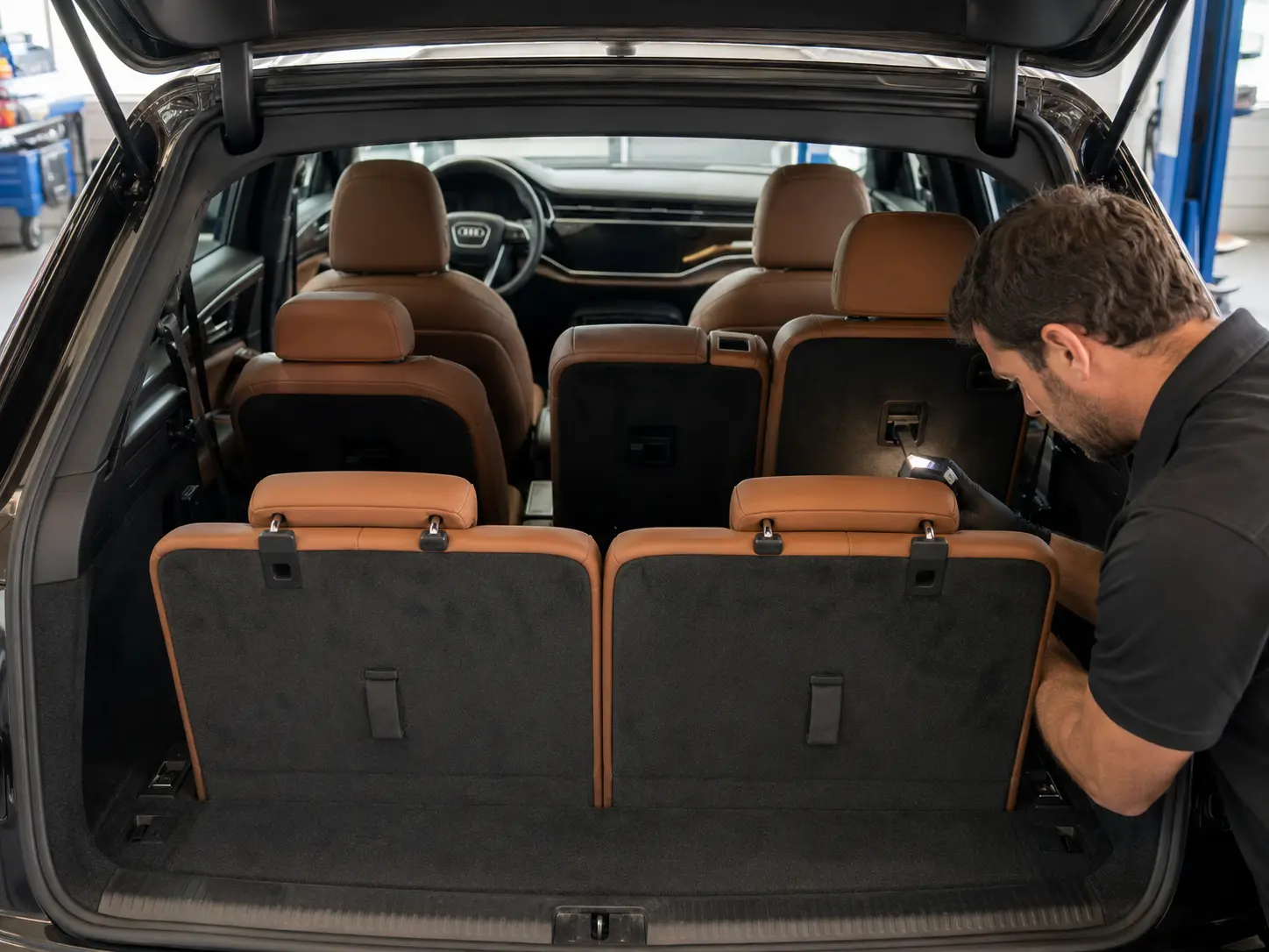 Tan Audi Q7 three-row cabin with factory four-ring emblem on the steering wheel undergoing seat-latch inspection