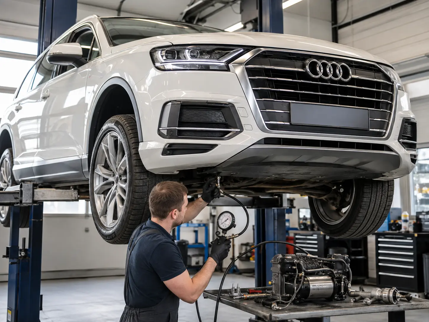 White Audi Q7 with factory four-ring emblem undergoing compressor and valve-block pressure diagnosis