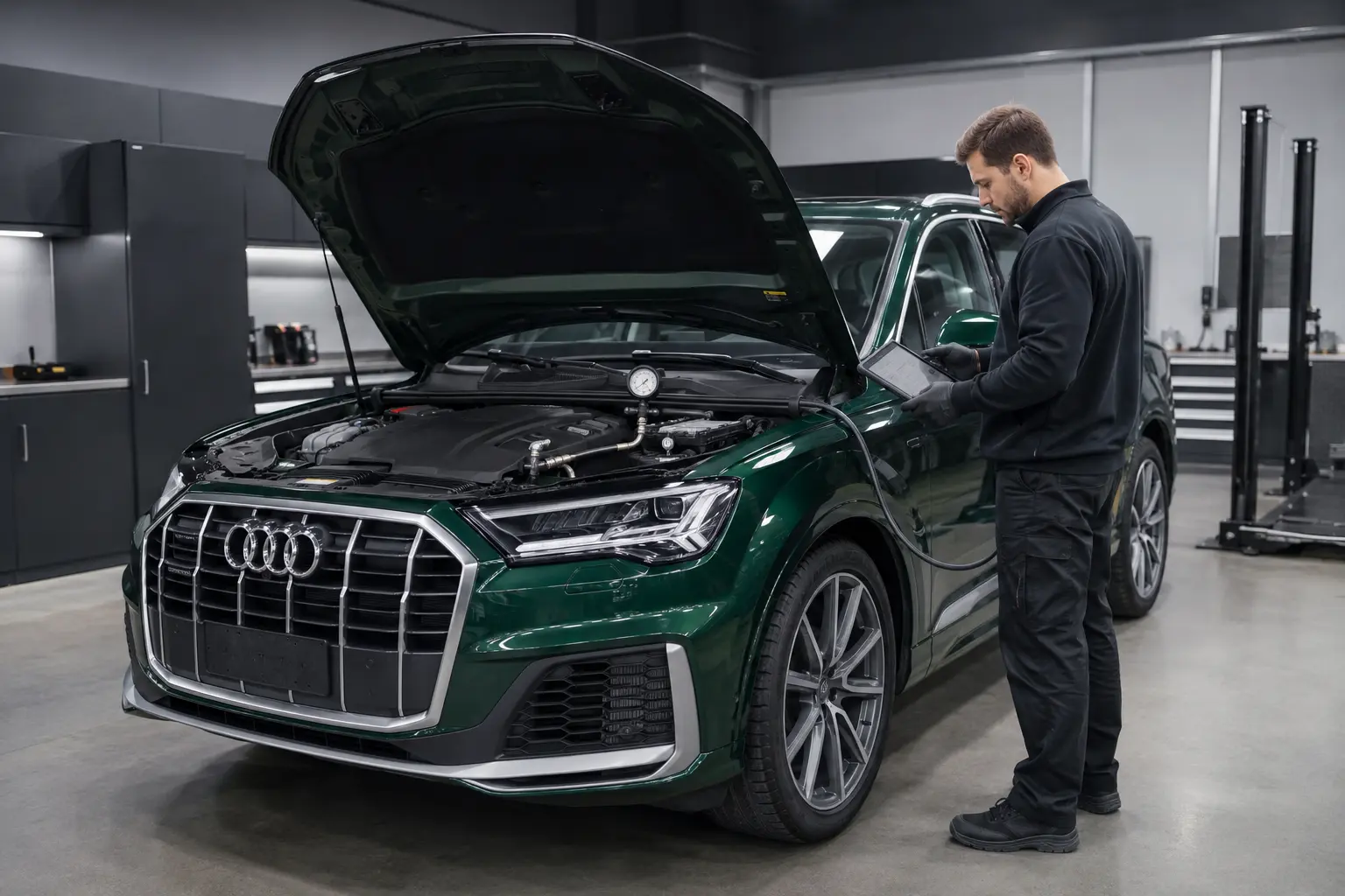 Emerald green Audi Q7 with factory four-ring emblem undergoing cooling-system pressure diagnosis