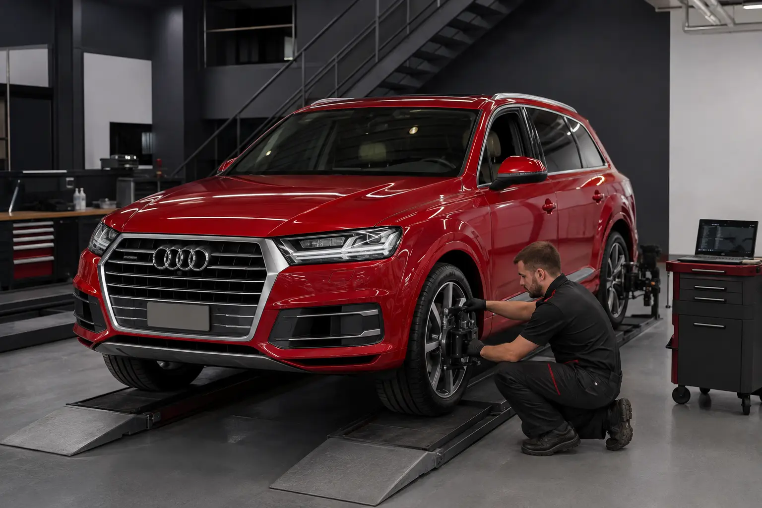 Red Audi Q7 with factory four-ring emblem receiving four-corner air-suspension measurement