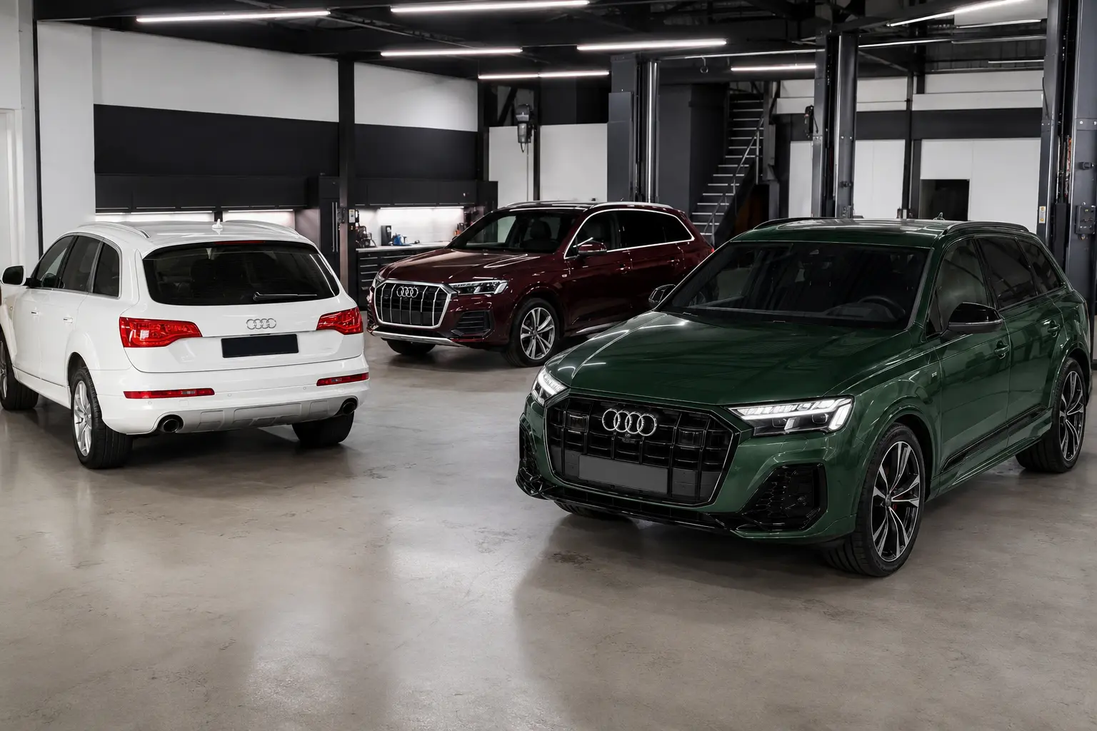 White, burgundy and forest green Audi Q7 vehicles shown for generation identification with factory four-ring emblems visible