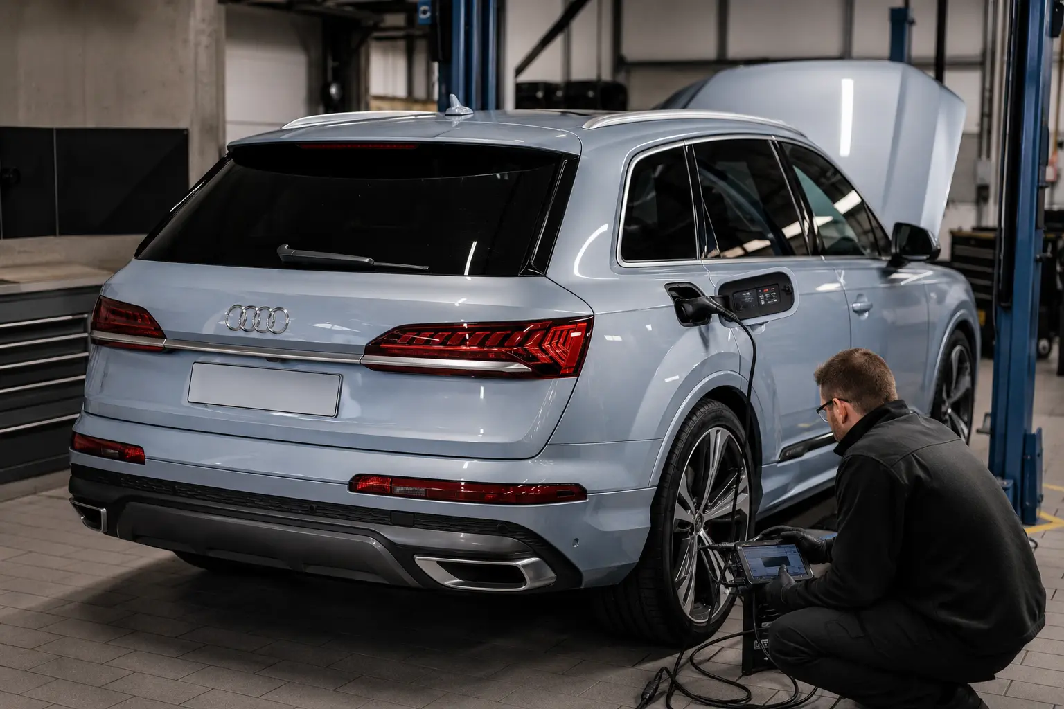 Silver-blue Audi Q7 plug-in hybrid with factory four-ring emblem and open charging flap undergoing diagnosis
